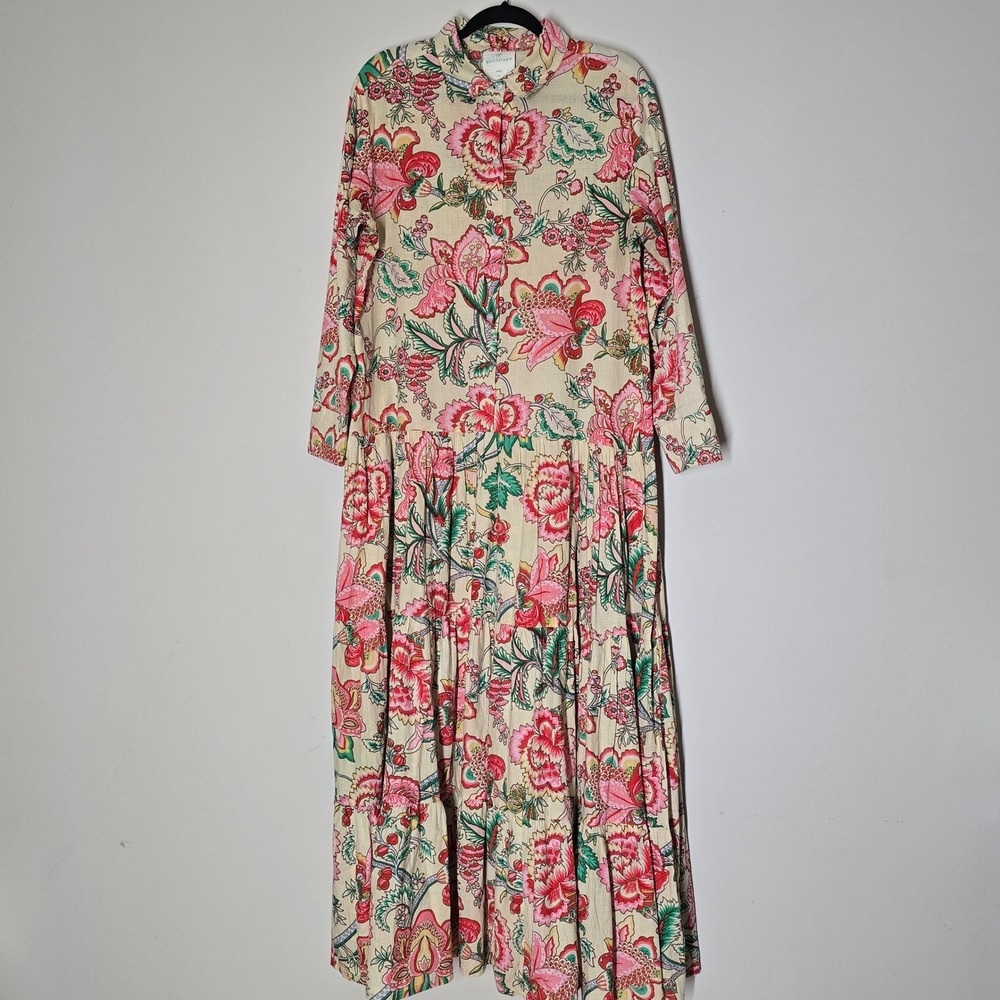Guadalupe Women's L Floral Cotton Tiered Maxi Shirt Dress Long Sleeve